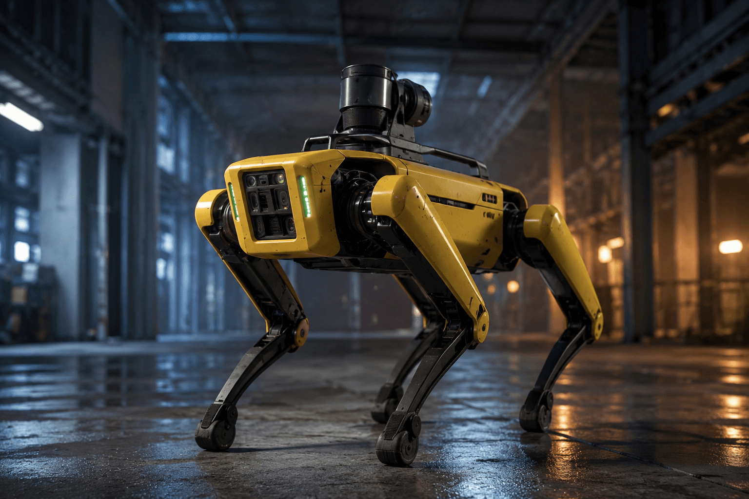 Boston Dynamics Spot-style quadruped inspection robot in an industrial facility.
