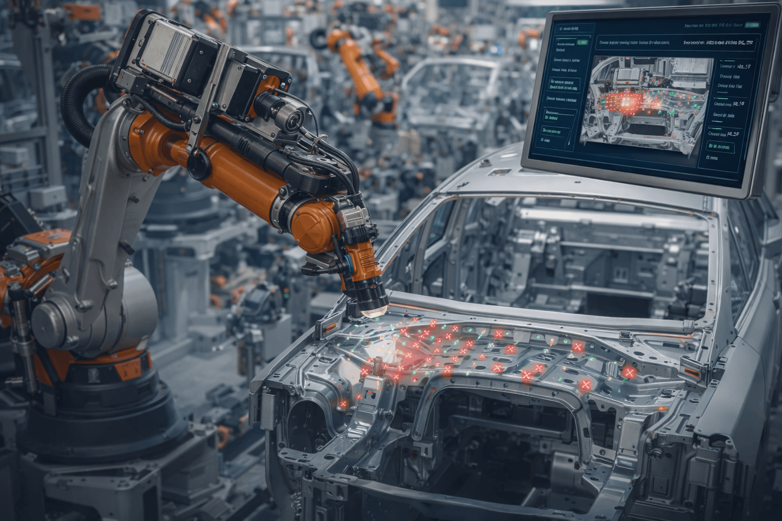 Automotive factory robotic arm inspecting a vehicle body with AI-assisted weld quality analysis.