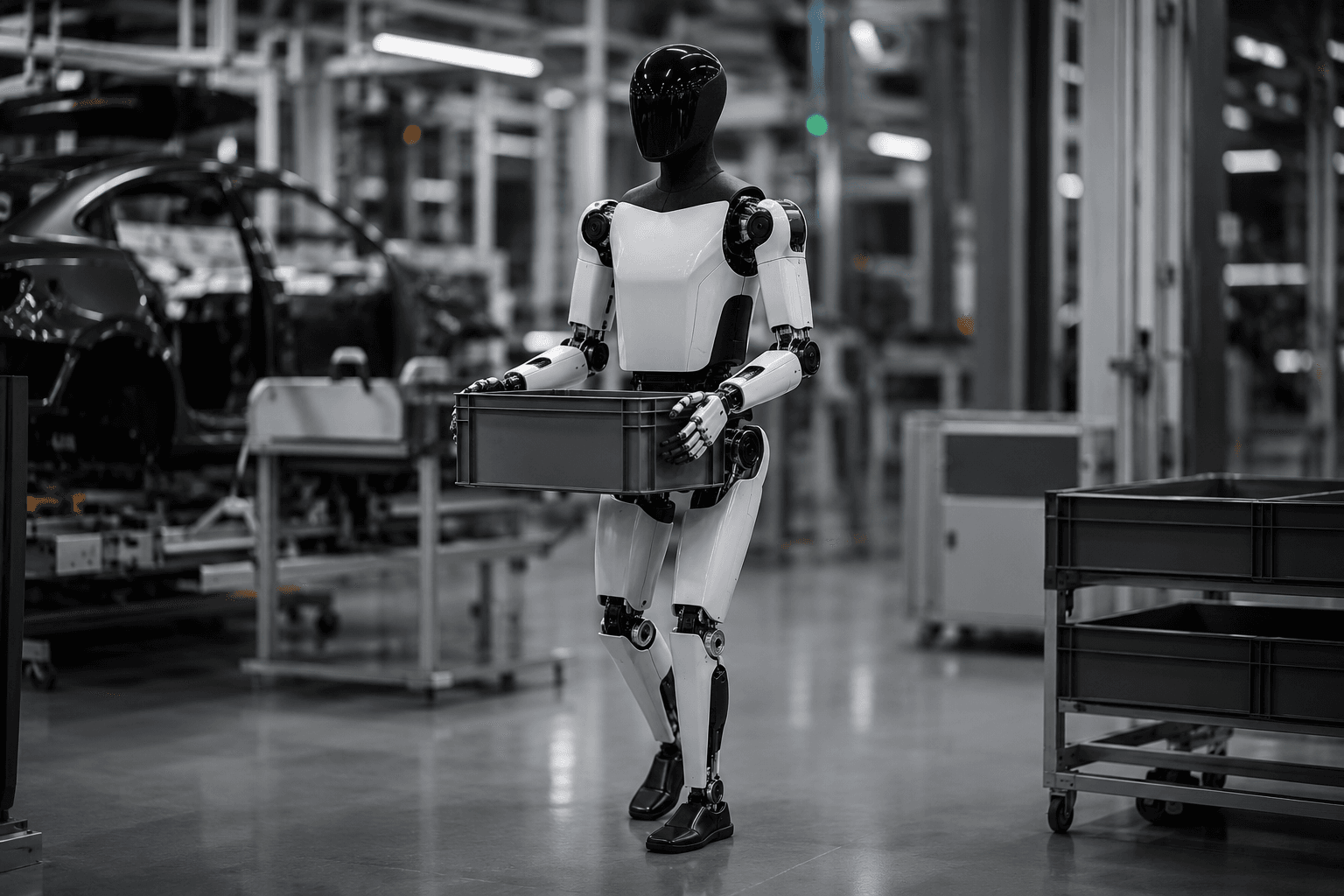Tesla Optimus-style humanoid robot carrying a parts bin on an automotive factory floor.