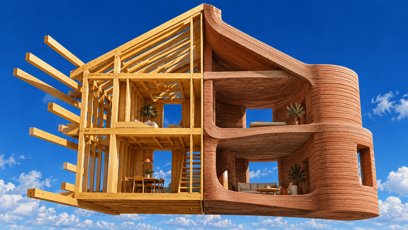 A suspended house cross section combines golden timber framing on the left with curved terracotta concrete layers on the right, against a blue sky.