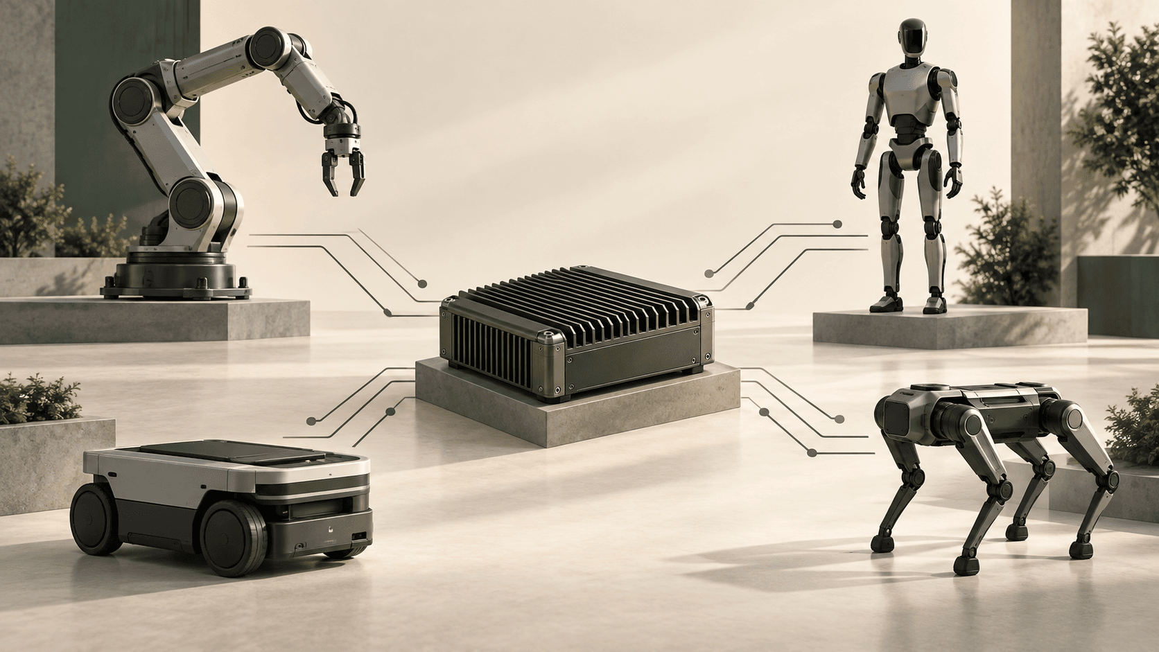 Editorial illustration of one edge AI computing module connected to several types of robots
